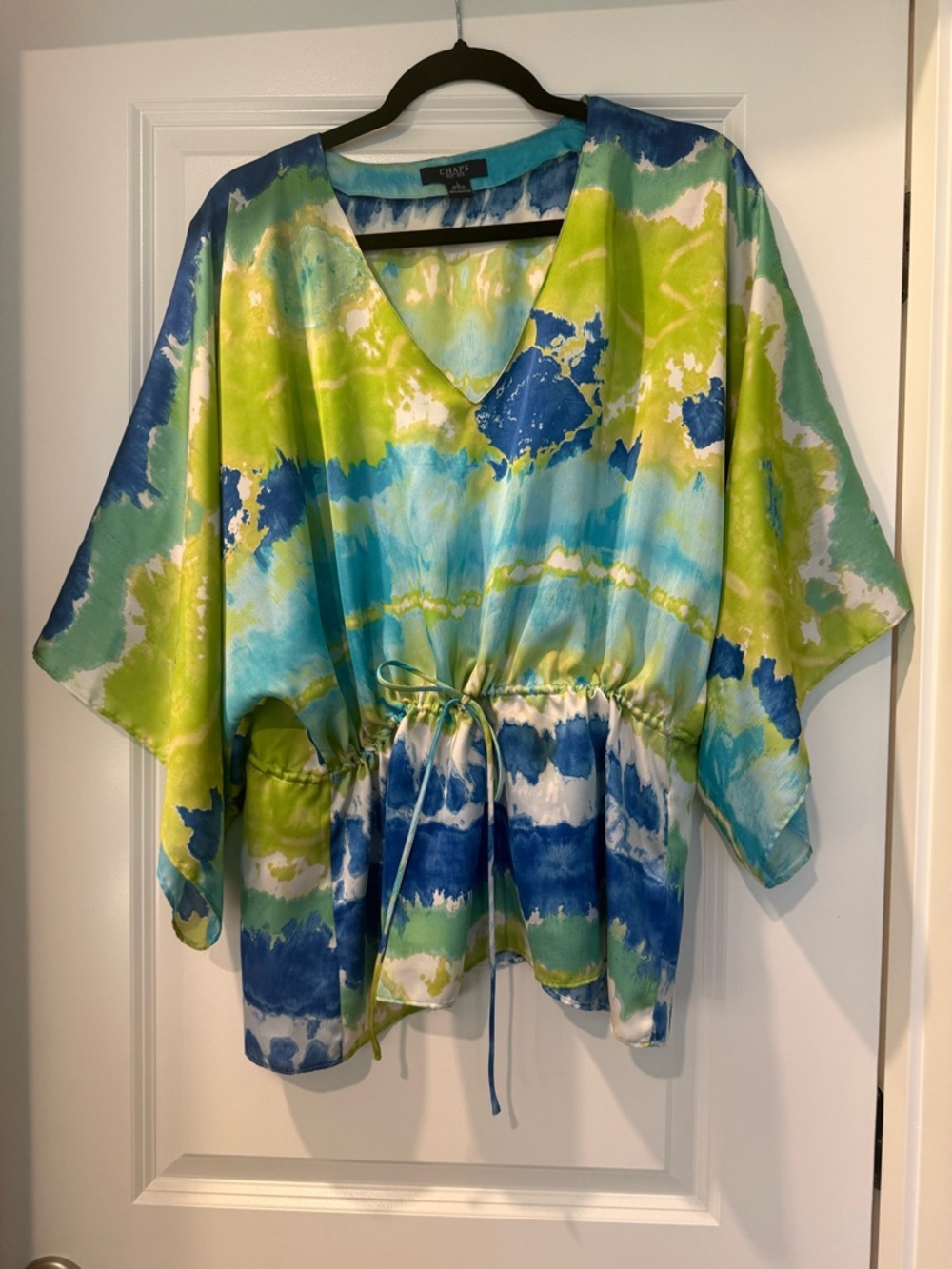 Chaps Blue, Aqua & Lime Watercolor V-Neck Blouse